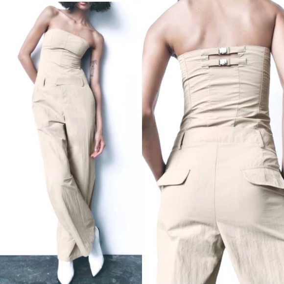 ZARA Strapless Khaki Jumpsuit - NWT! - M - Picture 1 of 16